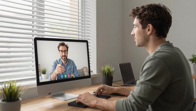 Young Male Caucasian Engaging in Virtual Meeting at Home Office