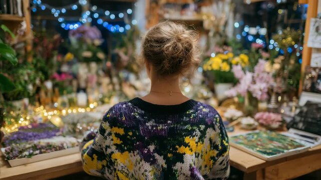 111Faceless woman arranging seasonal decorations in a well-organized holiday display, colorful attire contrasting with warm festive tones, decorative lights and handcrafted elements v