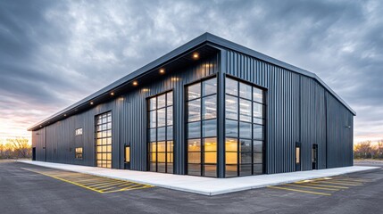 Modern dark metal warehouse building with large glass windows and garage doors at dusk