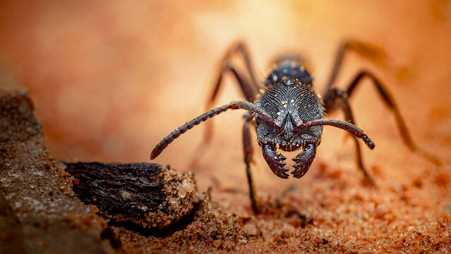 Ant showing mandibles on sandy ground in thailand
