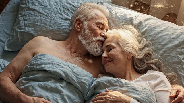 Elderly couple sleeping peacefully in bed, warm light, intimate moment, love and companionship