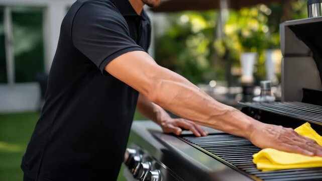 144Close-up of man wiping stainless steel barbecue grill with yellow cloth, reflections on clean metal, backyard cookout setup in background, focus on hygiene and maintenance, warm da