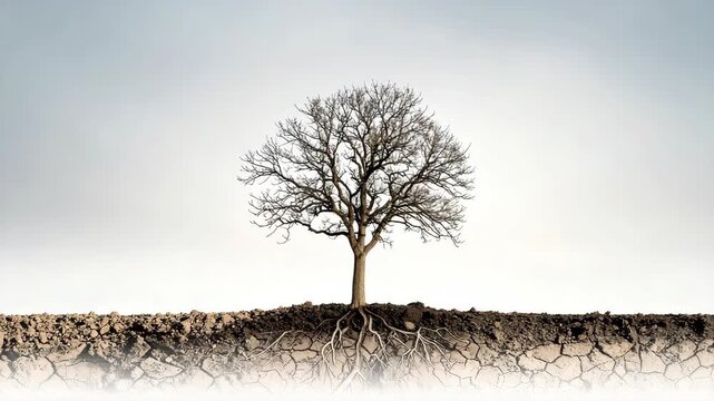 Leafless tree showing underground root system in dry cracked earth against a pale overcast sky