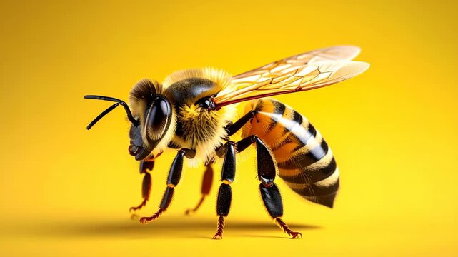 Macro view of a realistic honeybee showing fine hair and wing details over a clean yellow minimalist backdrop