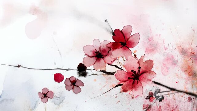 Delicate pink watercolor blossoms grace a dark branch, with soft pink hues and subtle paint splatters creating an ethereal, organic texture on white background.
