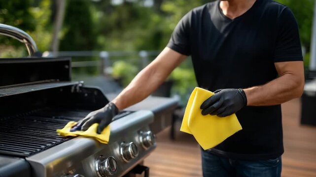 146Man cleaning modern stainless steel gas grill before summer barbecue, yellow cloth in hand, patio garden setting, grill tools hanging nearby, bright natural light, realistic home m