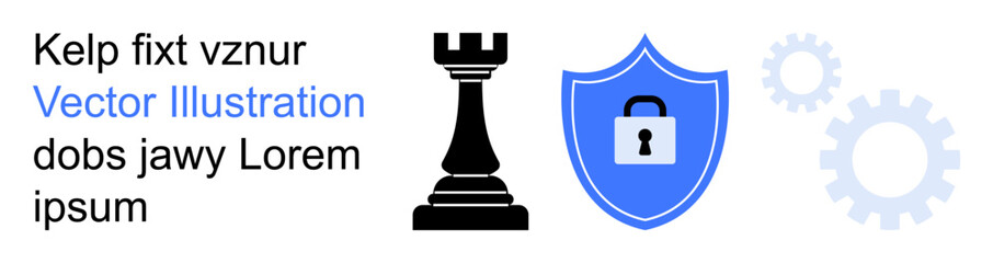 Cybersecurity, strategic planning, risk management, data protection, system optimization, problem solving. Chess rook, shield with lock and gears. Cybersecurity and strategic planning concept © robu_s