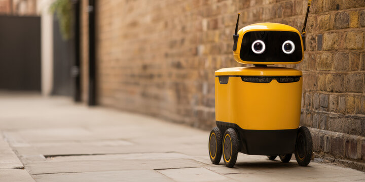 small, yellow delivery robot with wheels and a screen face is navigating a sidewalk beside a brick wall.