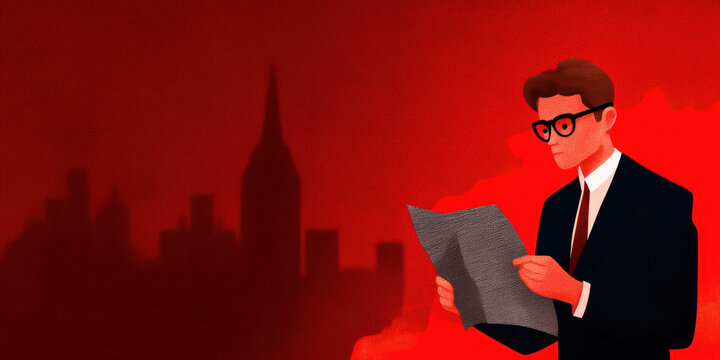 man in a suit and glasses reads a newspaper against a red city skyline backdrop with a prominent tall building silhouette.