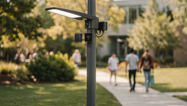 Focused medium shot of a smart streetlight on a campus walkway equipped with WiFi transmitters and motion sensors softly blurring pedestrians and greenery behind.