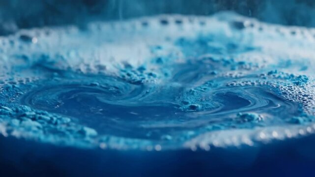 Bright blue spirulina powder dissolving into water creating a vibrant vortex with foam