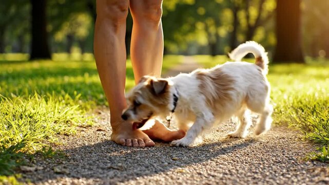 Happy dog and bare feet walking on a park path in warm sunlight.