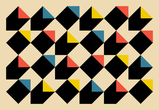 A captivating, retro-inspired pattern of red, blue, and yellow triangles with strong, angular black shadows on a light background, creating a dynamic, interlocking 3D effect.