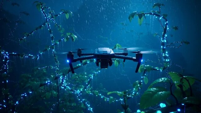 Drone flying through underwater blue lit forest with string lights