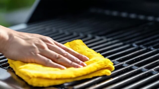 173Close-up of polished grill surface with visible brushed metal grain, yellow cloth wiping along textures, reflective highlights from outdoor sunlight, professional summer barbecue m