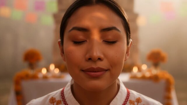 Young Woman With Eyes Closed in Prayer or Meditation During Day of the Dead Celebration