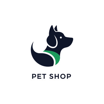 Dog silhouette pet shop logo with green collar accent for canine grooming and vet care