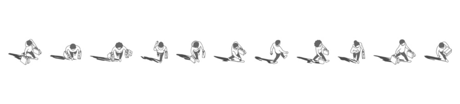 A collection of top view vector shopping people figures with gray shadows underneath, useful for realistic architectural plans.