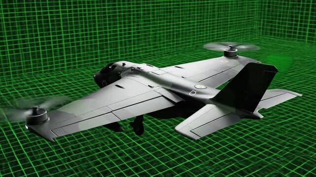 Futuristic VTOL aircraft flying over a green grid, advanced military technology concept