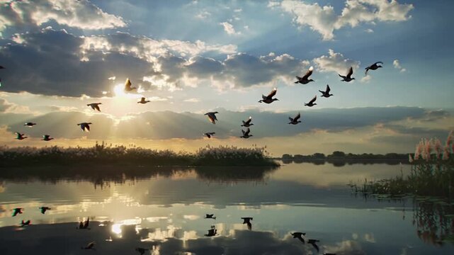 Flock of birds flying over serene lake at sunrise with reflections and cloudy sky