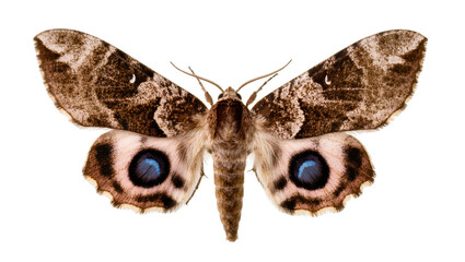 Isolated detailed view of a beautiful moth with striking blue eye spots on its spread wings © Isolde