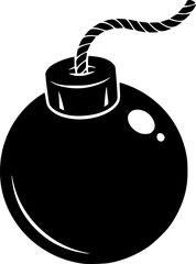 Fototapeta premium Solid black silhouette of a classic round bomb with a lit fuse, minimalist explosive and danger symbol vector illustration isolated on white.
