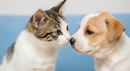 Naklejka premium Adorable kitten and puppy nose to nose, showing curiosity and potential friendship.