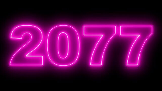 2077 neon line text. Abstract 2077 neon text animation, Concept of new year beginning, happy celebration, festival, new life, growth of business, investment, finance, innovation. 4k animation