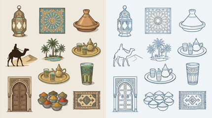 Collection of Moroccan cultural icons including lanterns, tagines, camels, tea sets, spices, and carpets, presented in two color schemes. © renender