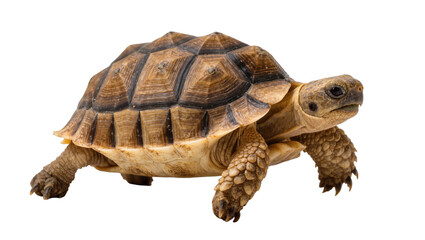 Obraz premium Isolated majestic brown tortoise with a heavily textured shell standing still, studio shot.