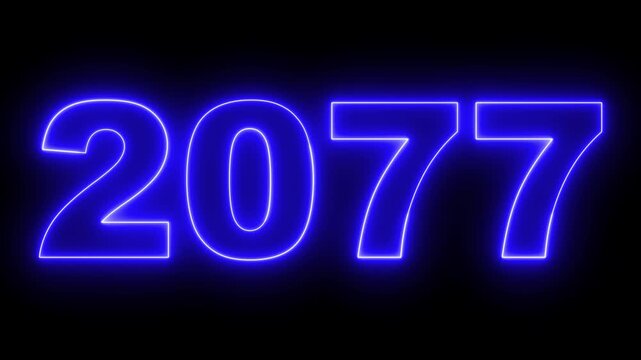 2077 neon line text. Abstract 2077 neon text animation, Concept of new year beginning, happy celebration, festival, new life, growth of business, investment, finance, innovation. 4k animation