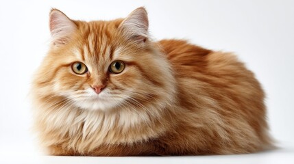 Fototapeta premium Fluffy ginger cat with striking green eyes sits calmly on a white background