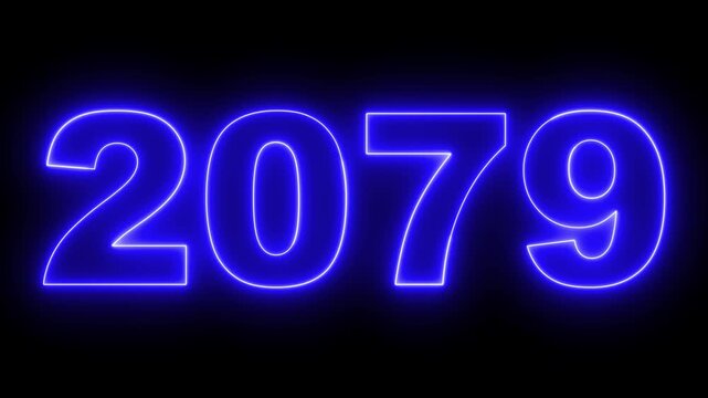 2079 neon line text. Abstract 2079 neon text animation, Concept of new year beginning, happy celebration, festival, new life, growth of business, investment, finance, innovation. 4k animation