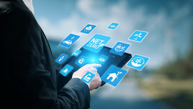 Net zero and sustainability concepts with environmental balance, digital sustainability icons, green energy goals, and eco-conscious digital business transformation for the future. Gist