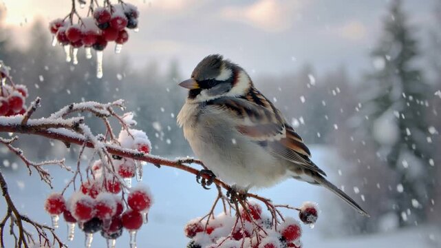 Small bird perched on snow covered berry branch in winter landscape with falling snowflakes