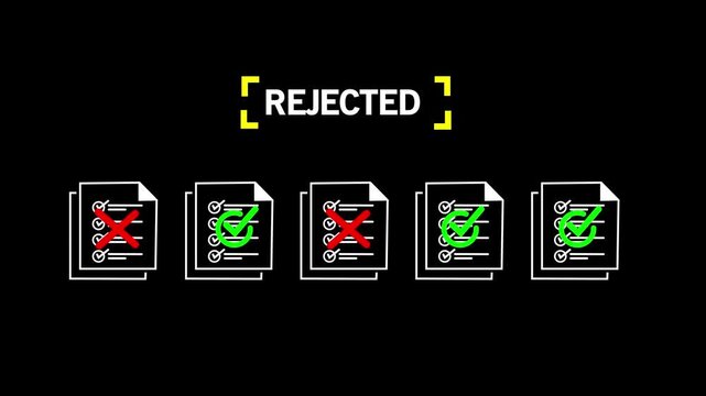 Five document icons with checkmarks crosses under the word REJECTEDon Black Background and features 4k Animation