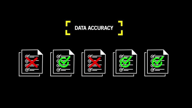 Five document icons with checkmarks crosses under the word DATA ACCURECY on Black Background and features 4k Motion graphics video