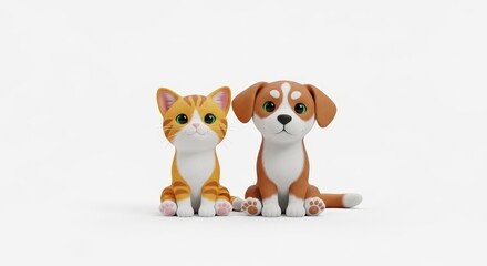 Fototapeta premium Cute 3D rendered cartoon cat and dog figurines sitting side by side on a white background.