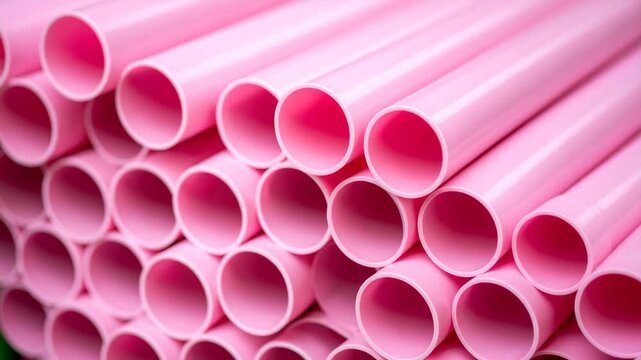 Close up of pink plastic pipes stacked in rows for construction and plumbing projects