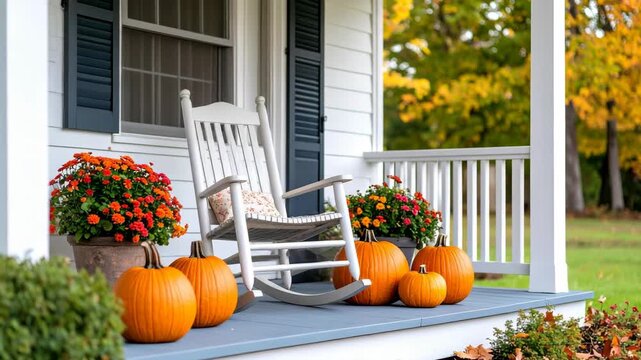 White rocking chair on a traditional house porch with fall pumpkins and colorful autumn flower pots