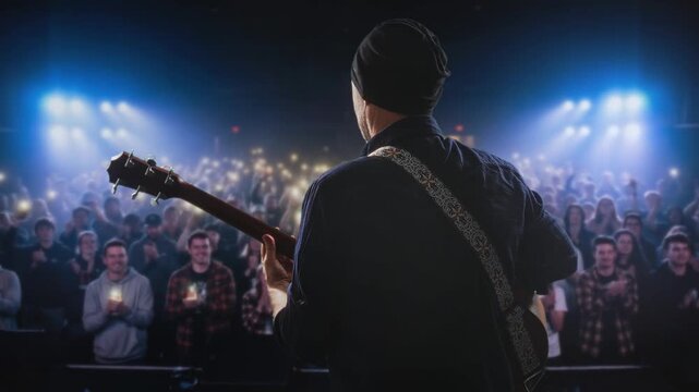 Enthusiastic Guitarist Plays Sincerely Tonight, Player Passionately Sings Amid Gathered Crowd Tonight