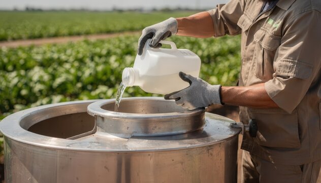 Medium shot of a technician pouring nonionic agricultural adjuvant into a mixing tank enhancing pesticide spread for uniform crop protection under bright daylight.