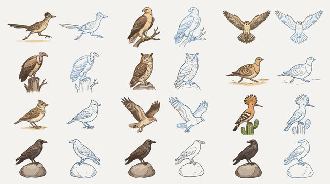 A detailed illustration showcasing a diverse collection of bird species, including raptors, songbirds, and scavengers, presented in both colored and line-art formats.