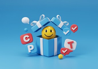 Obraz premium Happy Smiley Face Gift Box with Checkmarks and Letters