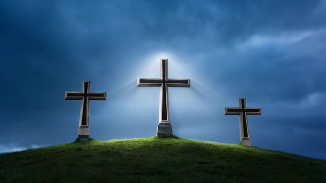 Crosses three standing on a hill with cloudy sky background featuring cross, religious symbol, christianity with faith and crucifix elements for
