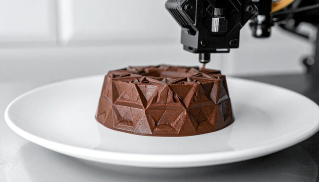 3D food printer creating a geometric chocolate dessert on a plate
