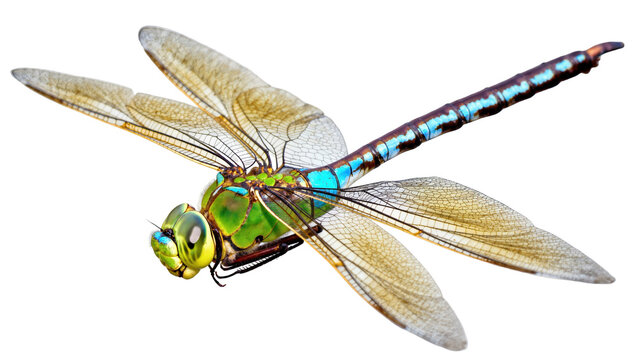 Isolated vibrant green and blue dragonfly with delicate translucent wings, detailed insect