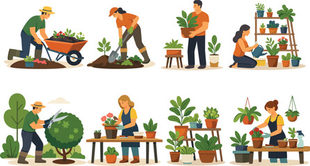 Fototapeta premium Gardeners Planting and Caring Plants Vector Collection