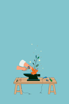 Artisan Hammering Intricate Copper Leaf Design in Workshop