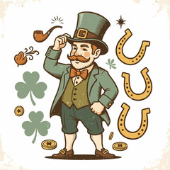 Fototapeta premium Charming Leprechaun in Green Attire Tipping Hat with St Patricks Day Symbols.